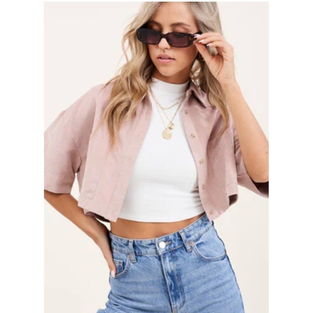 Mimosa Blush Short Sleeve Oversized Cropped Button Up Shirt Size S